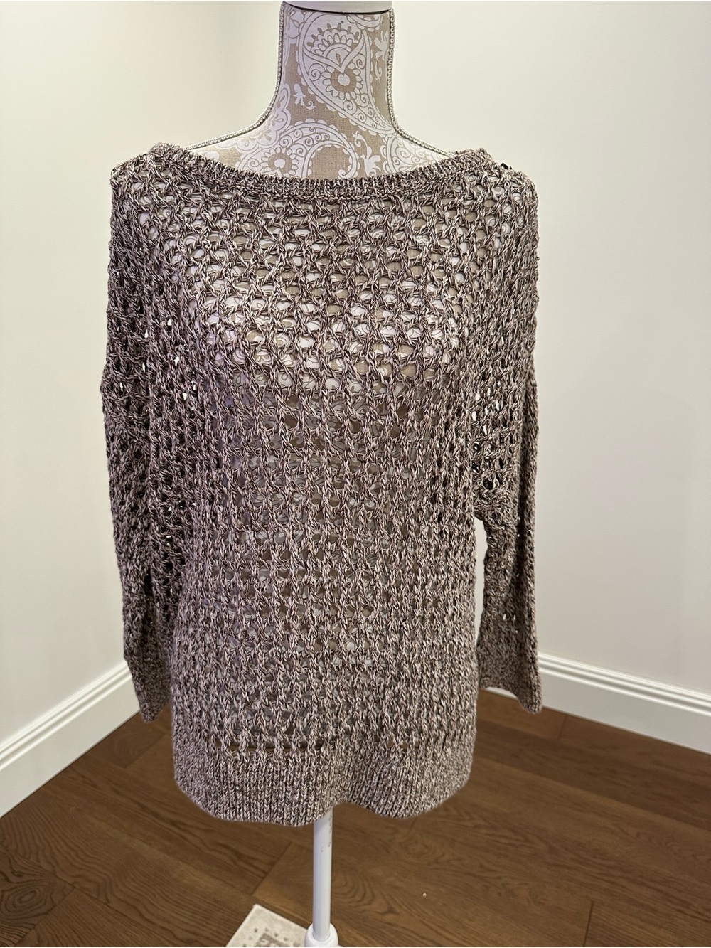 Open Knit 3/4 Sleeve Sweater - Taupe